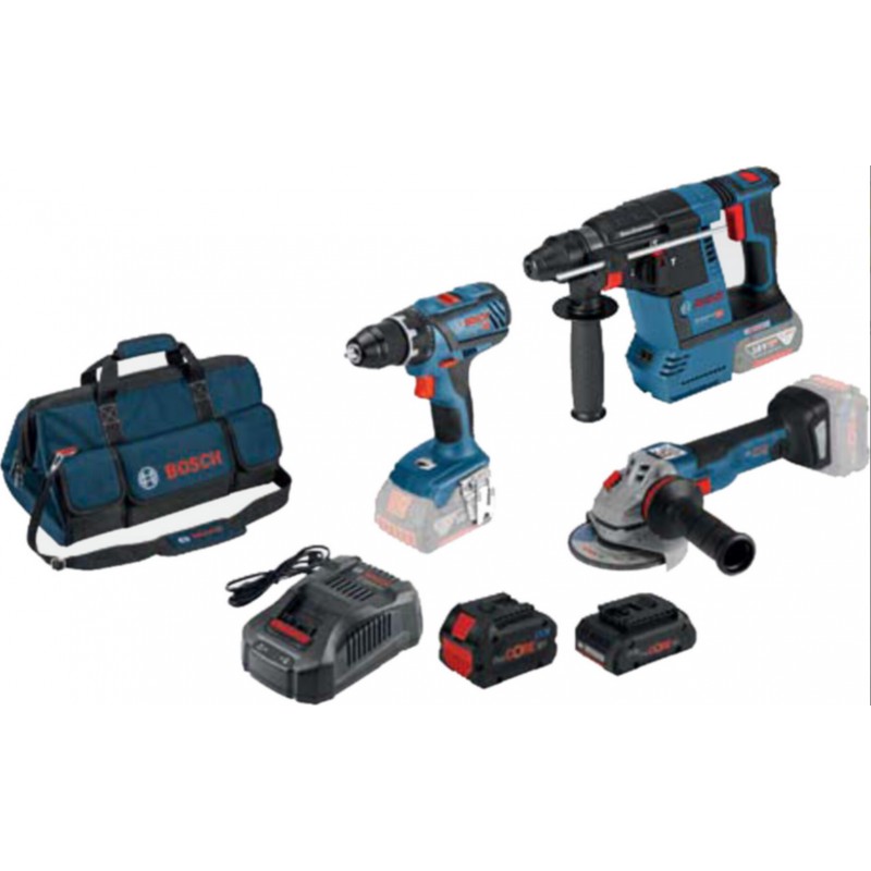 Bosch 3-Tool 18V Set GSR 18V-28 + GBH18V GWS 18-10C +  Akkus 4.0Ah+8.0Ah ProCORE