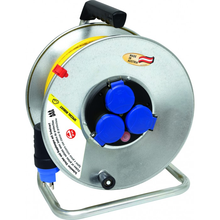 Kabelrolle Metall 33m.Gummikabel gelb 3x1,5, 3 Steckdosen  / IP55