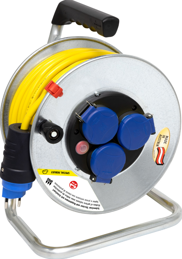 Kabelrolle Metall 25m.Gummikabel gelb 3x1,5, 3 Steckdosen  / IP55