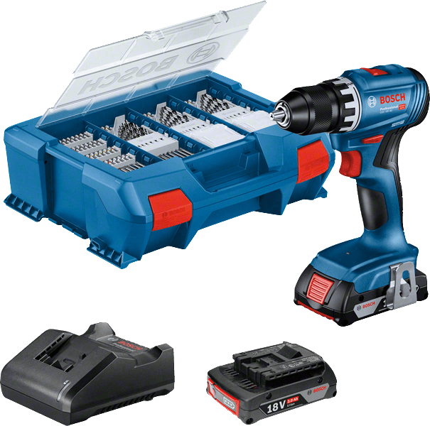 Akku Bohrschrauber Bosch GSR 18-45 2X2.0 L-Boxx + 82 Zubehöre