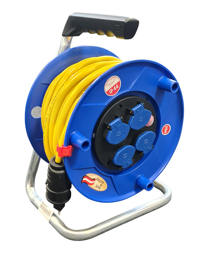 Kabelrolle Kunststoff blau 25m.Gummikabe 3x1,5, 4 Steckdosen  / IP44
