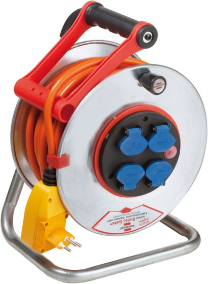 Kabelrolle Metall 50m.Baustellenkabel 3x1,5, 4 Steckdosen mit FI Schalter IP44